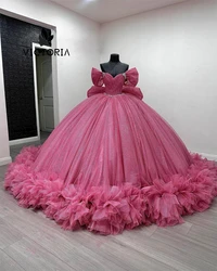 Rose Pink Tulle Ruched Long Train Off The Shoulder Quinceanera Dress With Bow Ball Gown Mexican Sweet 15 16 Dress Wed Customized