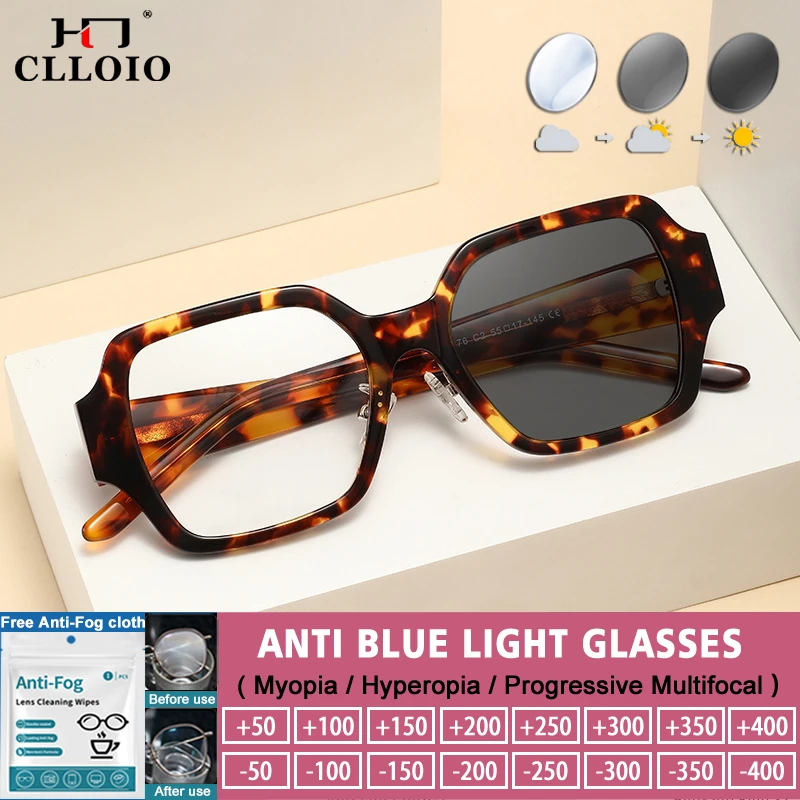 

CLLOIO Versatile Polygon Anti Blue Light Reading Glasses Acetate Women Photochromic Prescription Myopia UV Protection Eyeglasses