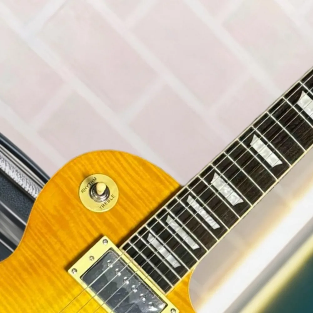 Single Cut LPQ Electric Guitar Lemon Burst Gloss Top Aged Back Tiger Flame Maple Veneer 2 Humbuckers Hard Rock Guitarra