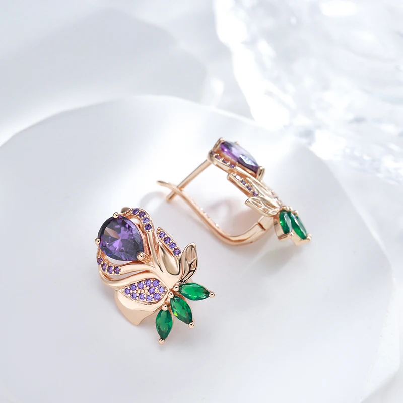 Kienl Vintage Purple Natural Zircon Flower Drop Earring High Quality Fine Daily Jewelry Women 585 Rose Gold Color Big Earring