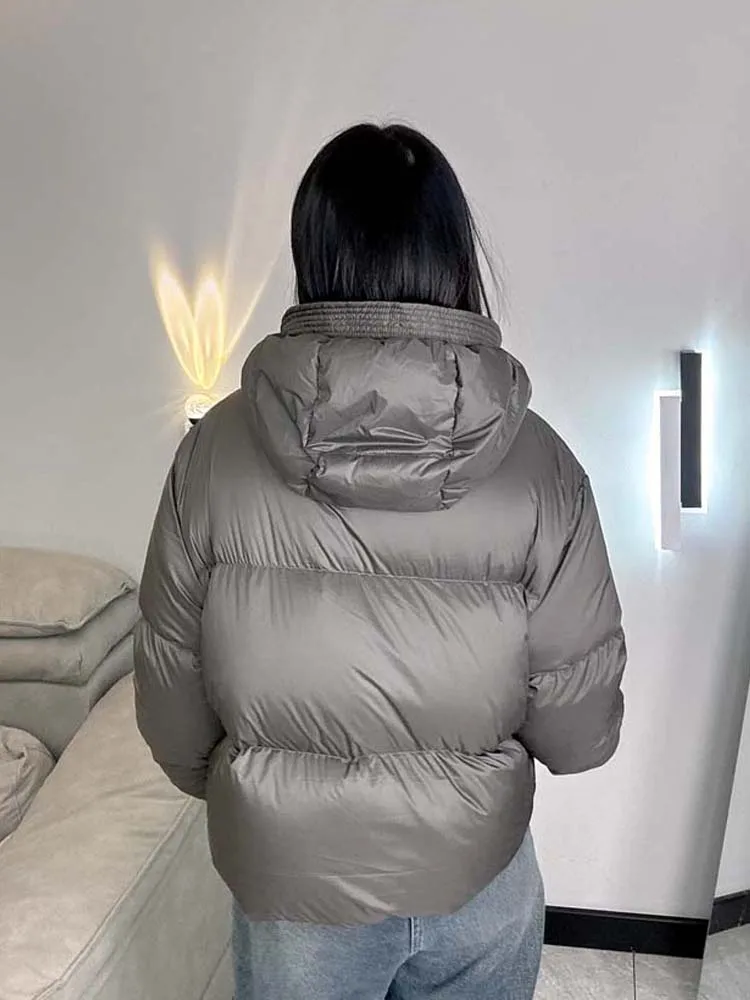 Casual Women's 90% white duck down jacket Oversize Gray Hooded long sleeve puff coat 2025 Collection Warm Solid INKEO DJ096