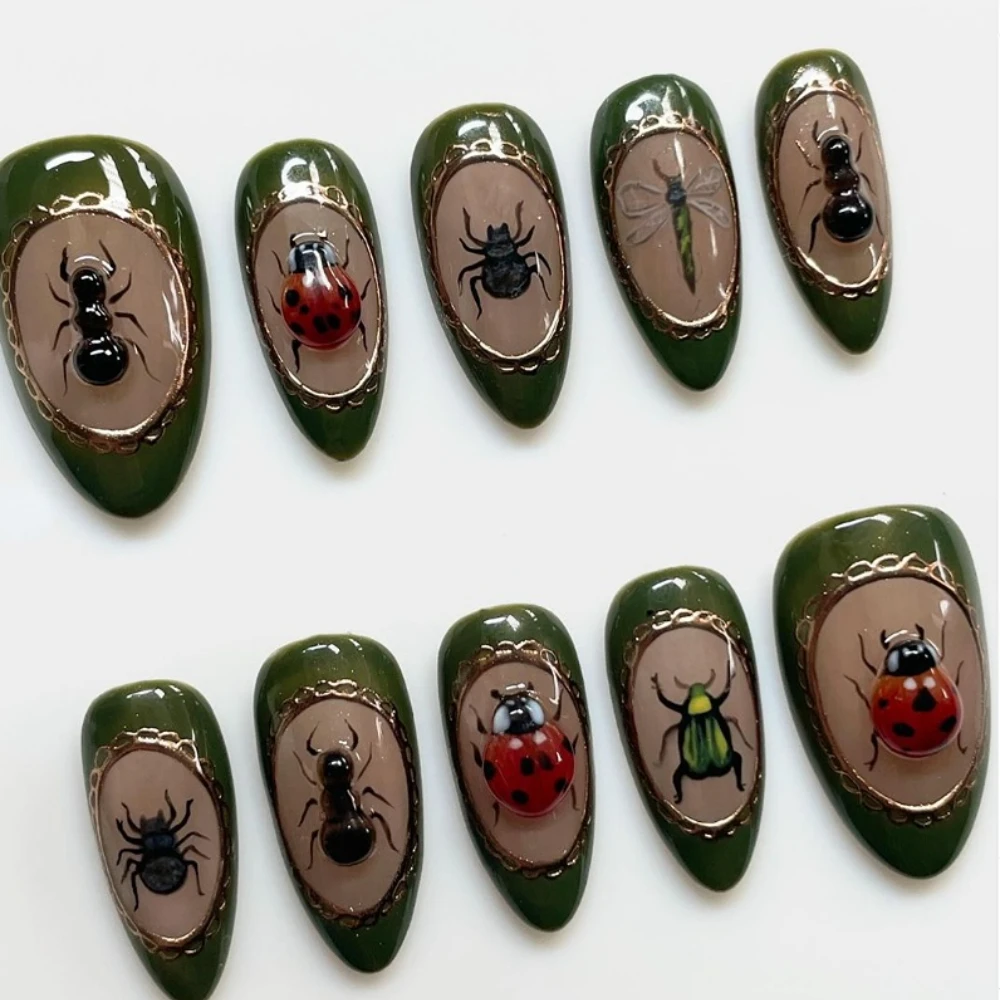 Press On Nails Cute Style Handmade Hot INS Y2K 3D French Green Medium Almond Fake Nails Reusable Full Coverage Art DIY Nails