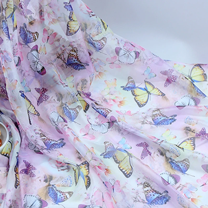 30D Butterfly Printed Chiffon Fabric Chinese Style Translucent for Sewing Scarf Skirt Dresses by Meters