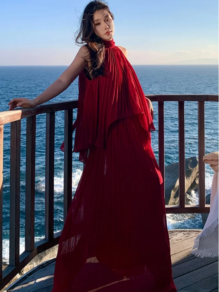 

French Style Vacation Pleated Ribbon Sleeveless Solid Top Two-Piece Set +Women's High Waist Big Swing Long Skirt 2 Piece Outfits