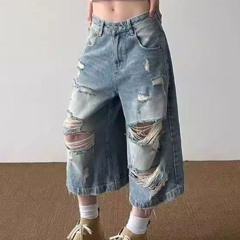 American Vintage Hole Denim Femme Pantalones Straight Loose Trendy Wid Leg Pants Slim All-match Streetwear Mom Moda Jeans