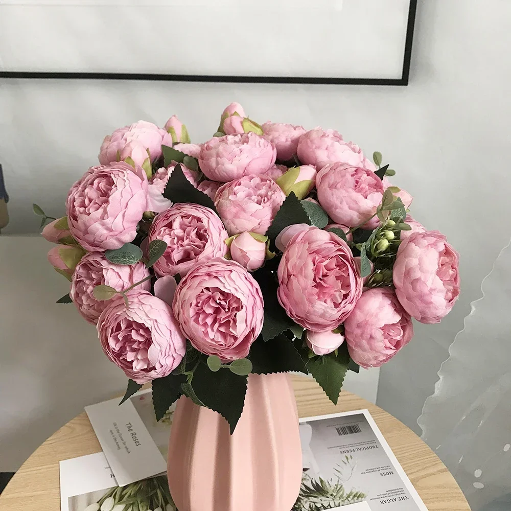 30cm rosa buquê de seda peônia flores artificiais 5 cabeças grandes 4 pequeno botão noiva casamento decoração para casa flores falsas falsas