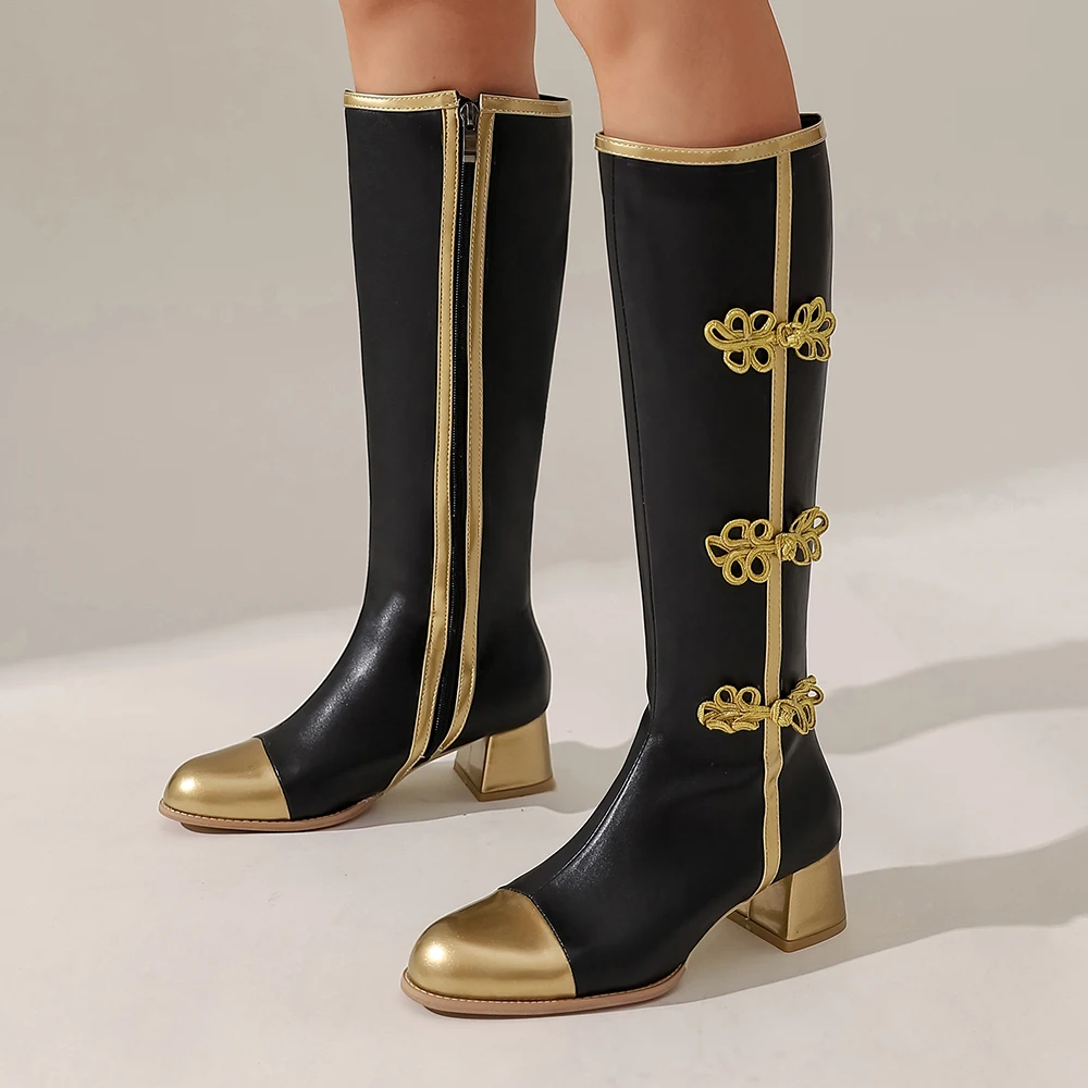 Big Size Fashion Knee High Boots Women Coss Play Shoes Autumn Winter Women\'s High Boots Black White Gold Chinese Knot Shoes