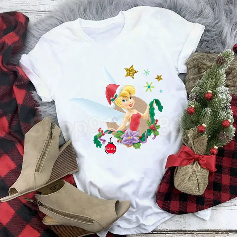 Christmas T Shirts Women\'s Cartoon Tinker Bell Fairy Print Short Sleeve O-Neck Casual Happy Holiday Party Oversized Ladies Tops