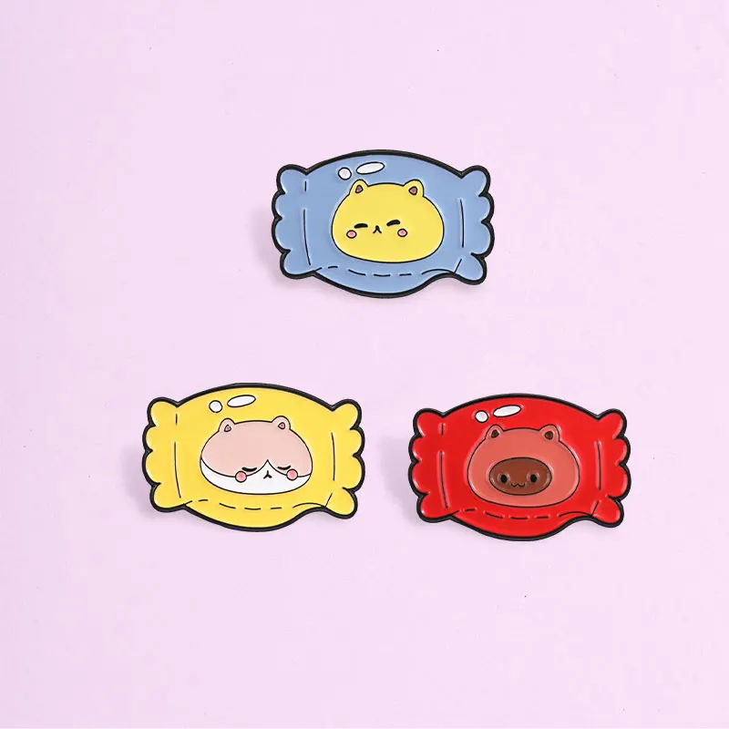 Cute Animal Candy Enamel Badges Set Pig Cat Hippo Sleeping Face Pin Alloy Brooches Jewelry Gifts For Friends