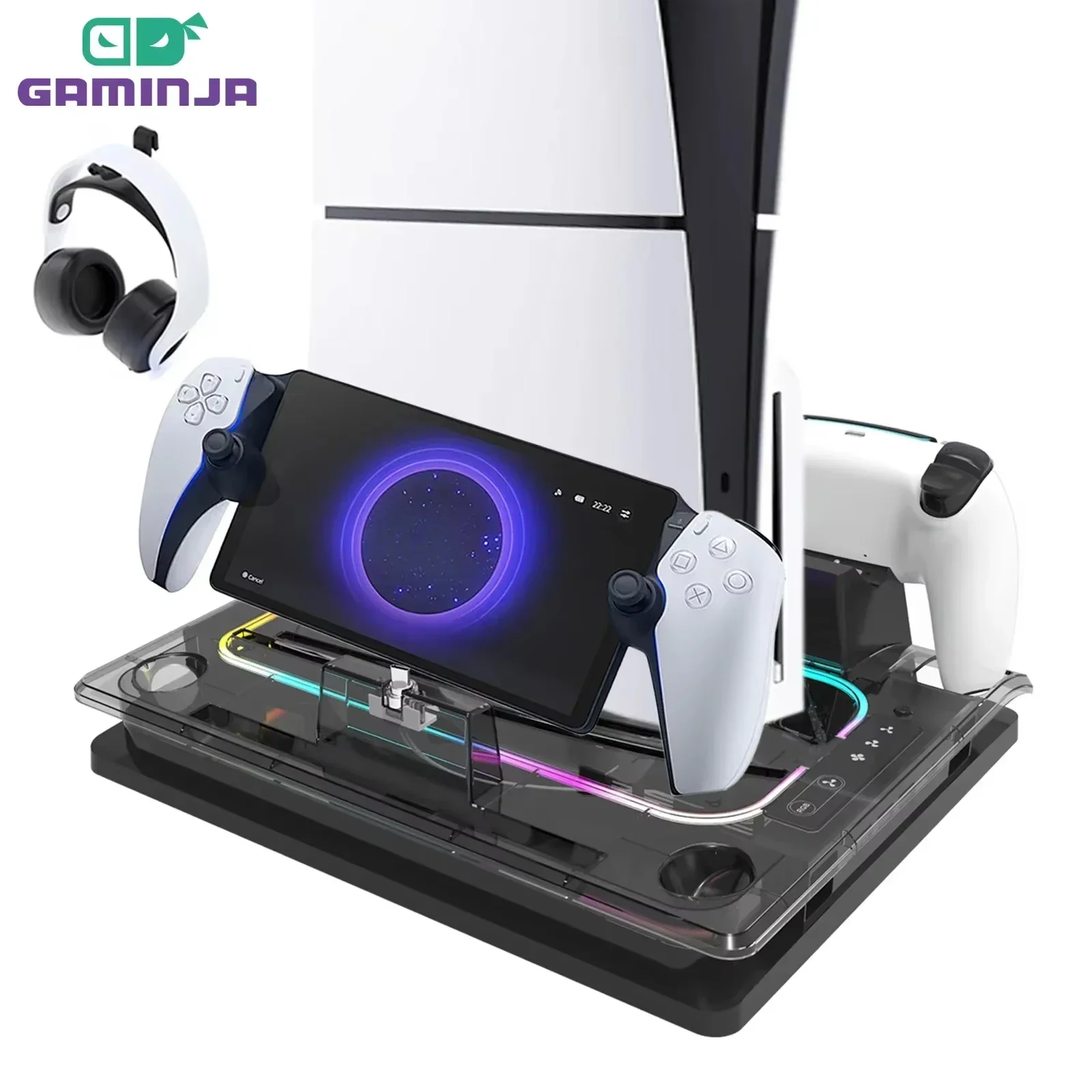 قاعدة تبريد متعددة الوظائف من GAMINJA P53 RGB لشاحن وحدة تحكم PS5slim PS5 ولشاحن مغناطيسي لمشغل PS عن بعد