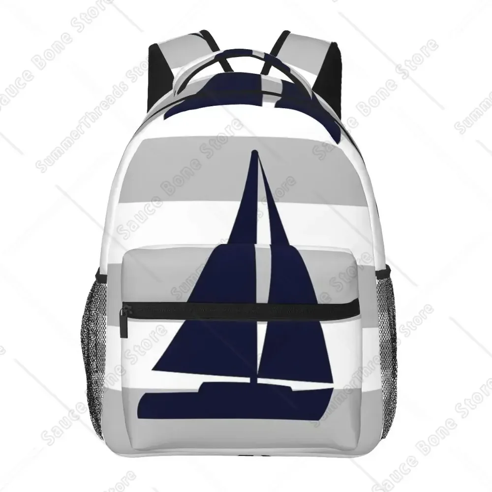 Nautical Blue Sailboat On Silver Gray Stripes Backpacks Boys Girls Bookbag Students School Bags Rucksack Shoulder Bag