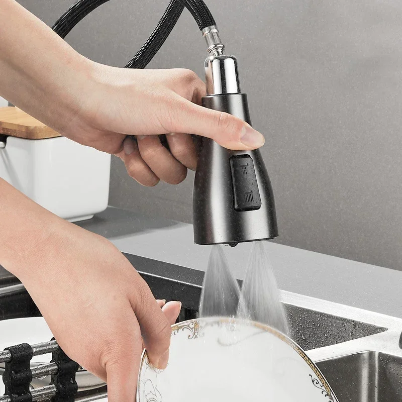 Keran dapur satu lubang, keran dapur wastafel dapur, kepala semprotan arus krom/hitam Mixer