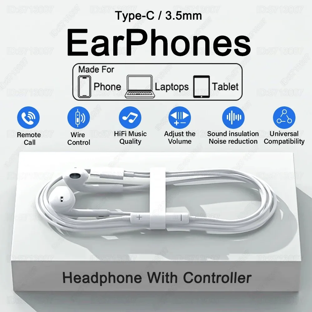 Type C Headphones Wired Earbuds For Xiaomi Redmi Poco Oneplus Google OPPO Huawei Honor Samsung Earphones Laptops Tablet Headset — product photo 1 of 1