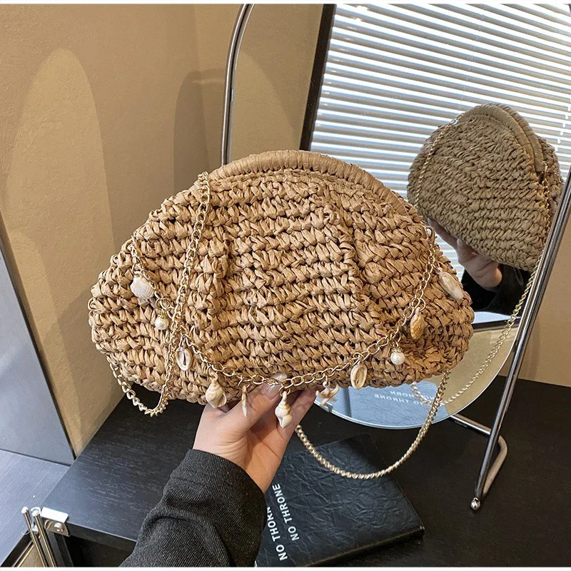 Metallkettenriemen Stroh Gewebte Umhängetasche, Muschel-Dekoration Damen Abendtasche Elegante Clutch, Sommer Strand Chic – Detail 14