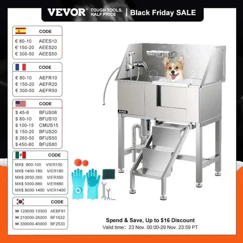 VEVOR 34 Inch Dog Grooming Tub Stainless Steel Pet Grooming Tub With Faucet And Accessories For Dog Washing Station Pet Bath Tub