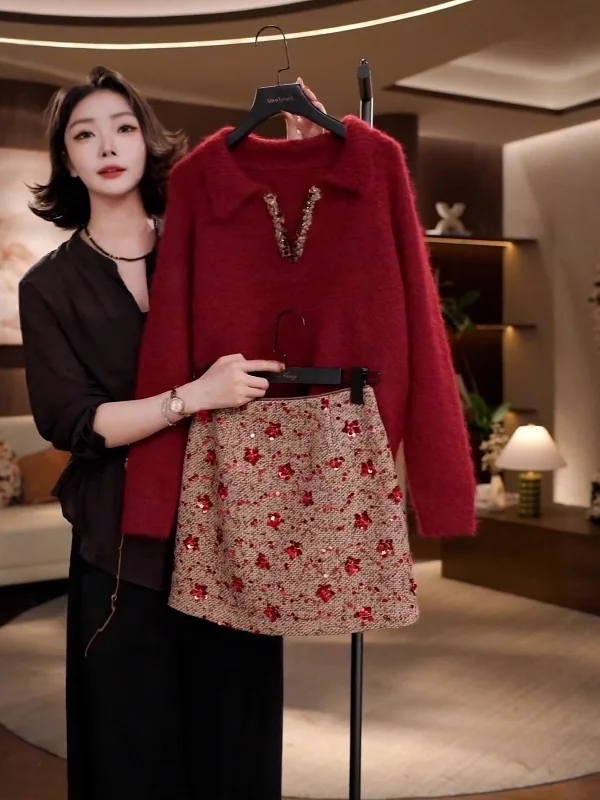 الخريف الشتاء المرأة كسول Sle محبوك سترة وتنورة ألف خط قطعتين مجموعة مشرق الأحمر التخسيس تأثير عادية Faion
