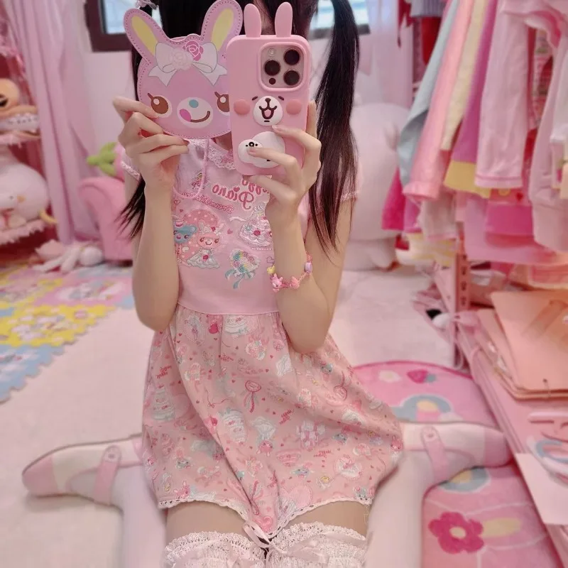 Japanse Subcultuur Kawaii Cartoon Gedrukt Jurk Roze Harajuku Leuke T-shirts Jurk Retro Kant Patchwork Jurken Slanke Mini Rokken