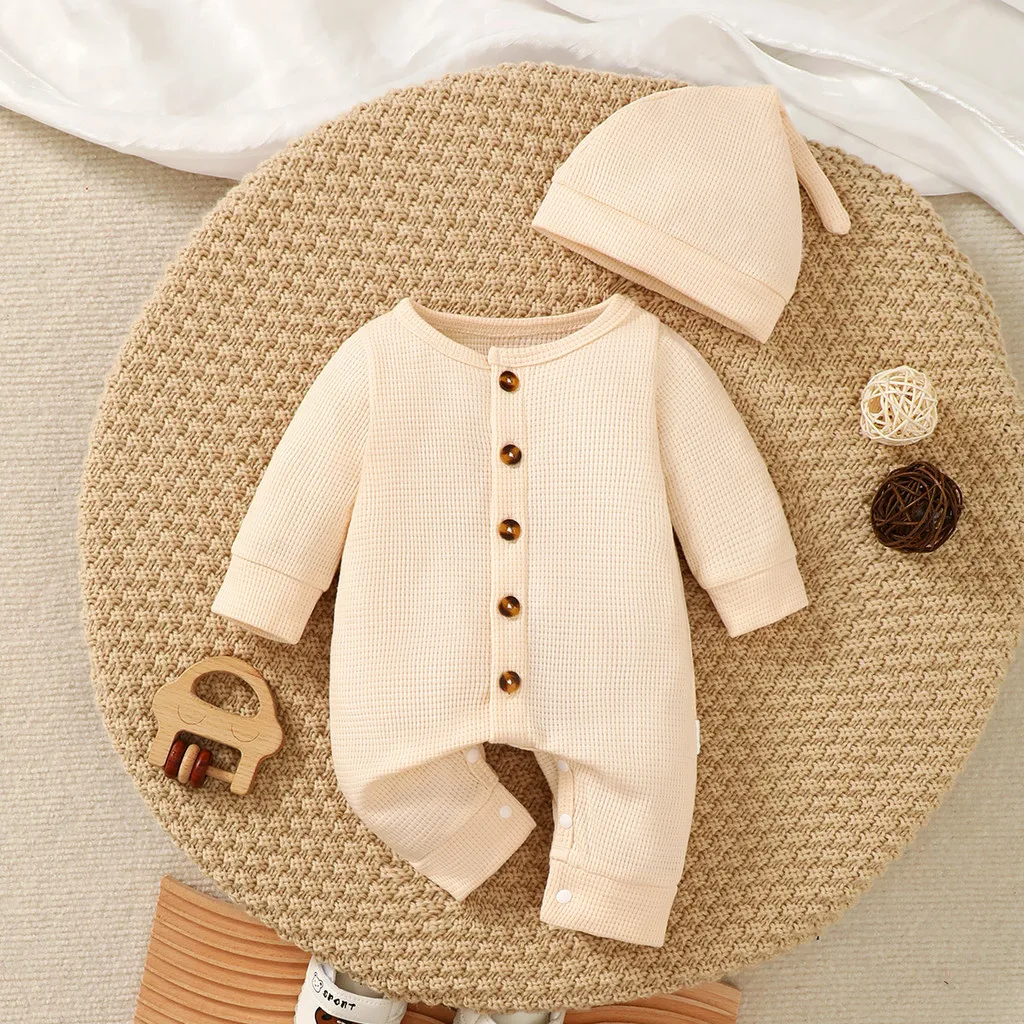 

0-6 Months Newborn Baby Boy 2PCS Clothing Set Long Sleeved Solid Color Jumpsuit with Hat Fashion Simple Style Infant Soft Wear