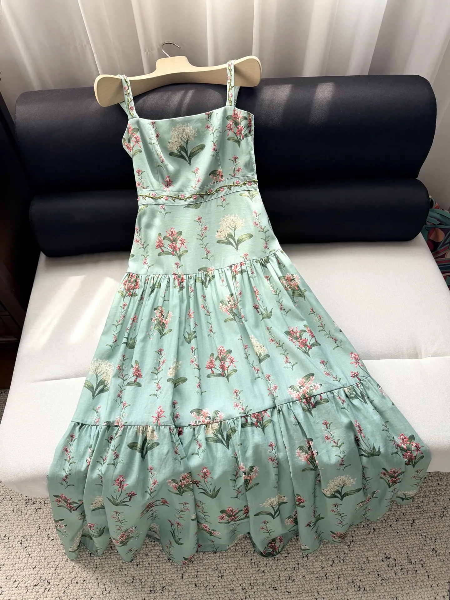 Female Flower Print 100% Linen Robe Beaded Square Collar Sleeveless High Waist Fashion Green Maxi Dress