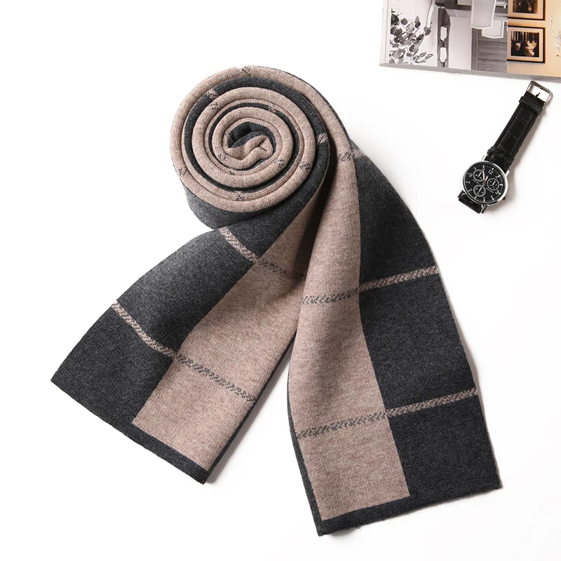 

100% Real Sheep Wool Long Scarf Mens Autumn & Winter Warm Knit Scarves Fashion Plaid Pure Wool Scarf