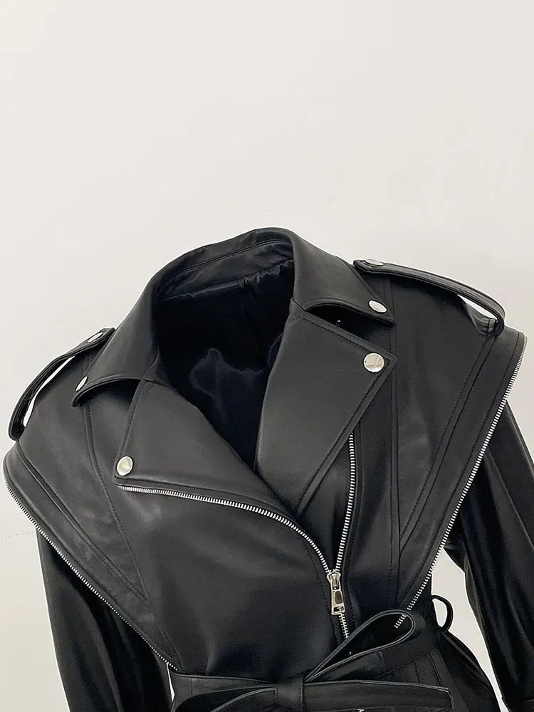 2025 سترة جلد الغنم الحقيقي تصميم السائق سترة جلدية الخريف الكتف سترات من الجلد سيدة سترة جلدية حقيقية النساء #5