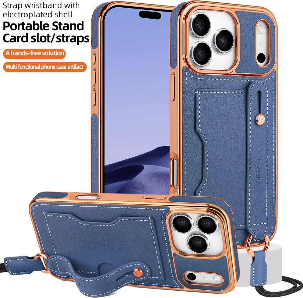 VIETAO – Vollständig abdeckende TPU-Kanten-PU-Leder-Handyhülle für iPhone 17 Air 16 15 14 13 Pro Max mit Armband-Ständer und Umhängeband