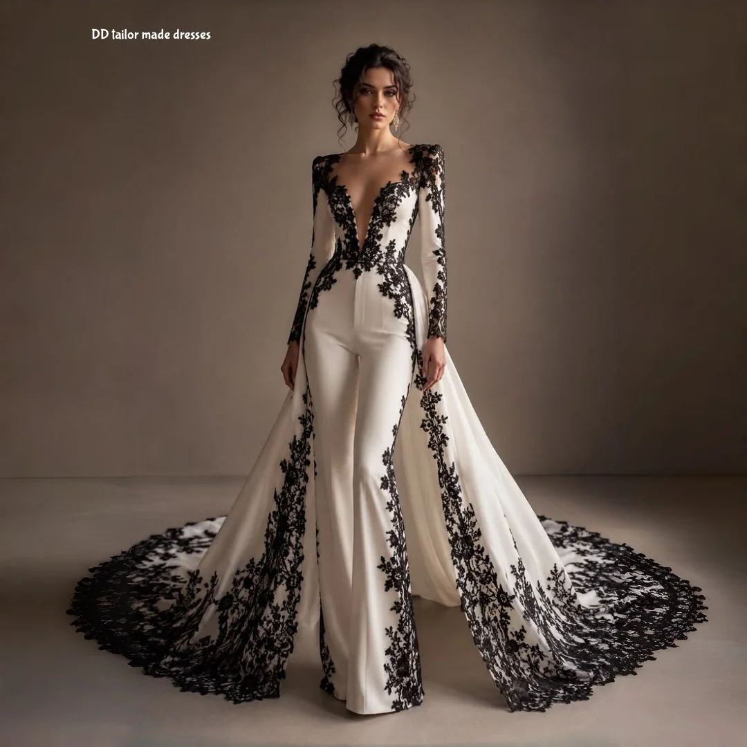 Black And White Wedding Dress Women Jumpsuit With Detachable Train Lace Appliques Deep V Neck Long Sleeve Bridal Gown Customized