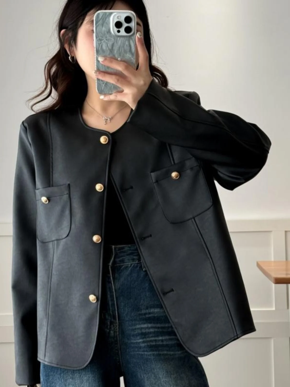 

plus Size Women's Black Leather Jacket Small Fragrance Style Spring Autumn New High-End Feel PU Leather Cardigan Coat