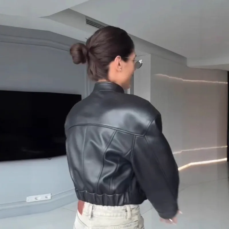 Street PU Leather Jacket Women Casual Stand Long Sleeve Single Breasted Short Coats 2025 Autumn New Black Loose Women Outerwears