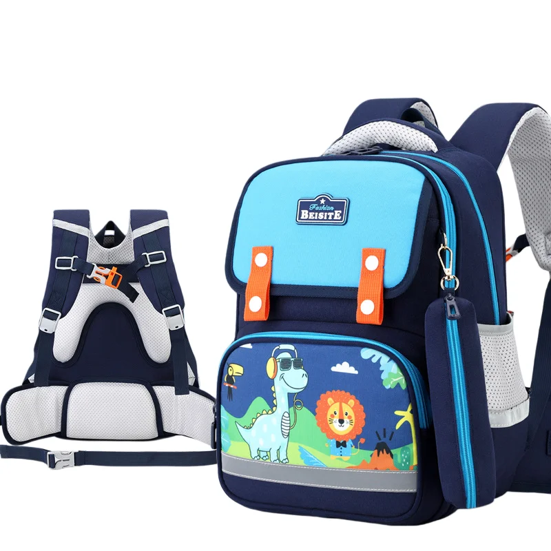 Kids Ergonomic School Bag Spine Waist Protective Lightweight Load‑Reducing Backpack Safe Reflective Strip Cute Boys Daypack