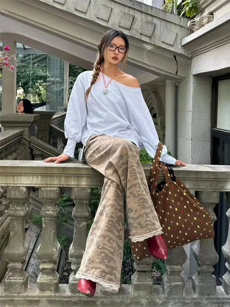 

American Retro Lace Camouflage Wide Leg Jeans Women's High Waist Slim Design Tall Extended Floor-Length Pants