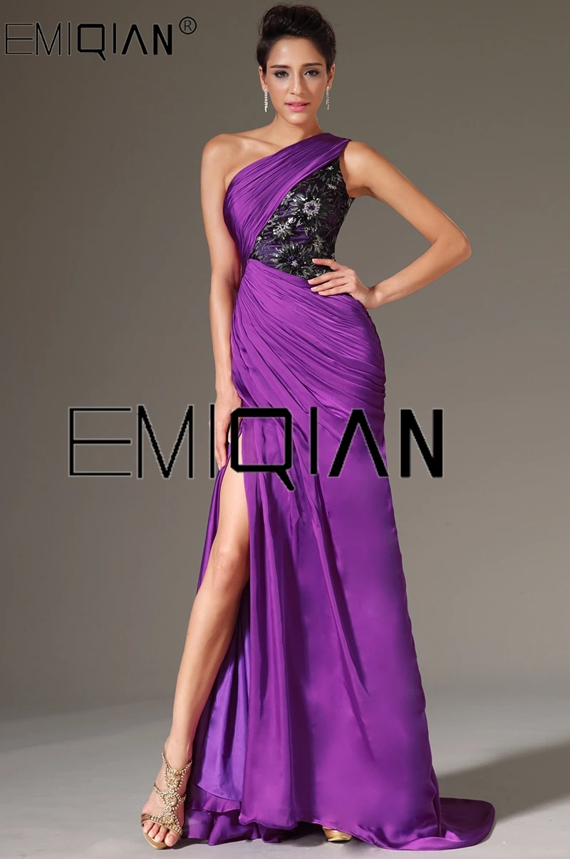 One Shoulder High Slit Purple Chiffon Evening Gowns Contrast Color Black Lace Evening Dresses