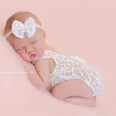 2 Pieces Set Beige Newborn Photography Clothes Costume Lace Romper Bow Headband Set Baby Girl Photo Shooting Outfits