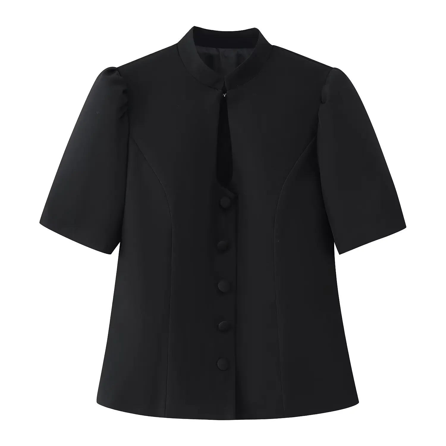 Summer Fashion Black Cut Out Stand Collar Front Buttons Short Puff Sleeve Shirt Women Slim Waist Crop Tops OL Blouses