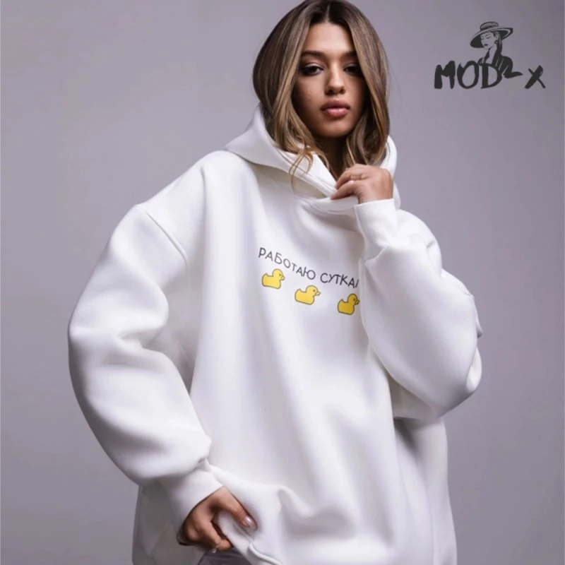 MODX Hoodie bertudung setengah panjang Eropa dan Amerika Serikat 2024 musim gugur/musim dingin wanita Hoodie bertudung kasual longgar motif tiga bebek