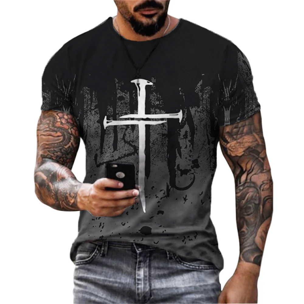 New Jesus Cross 3D Printed Fashion Summer Men\'s T Shirt Casual Fitness Sports Short Sleeve T-Shirts Baggy Leisure Tees Tops