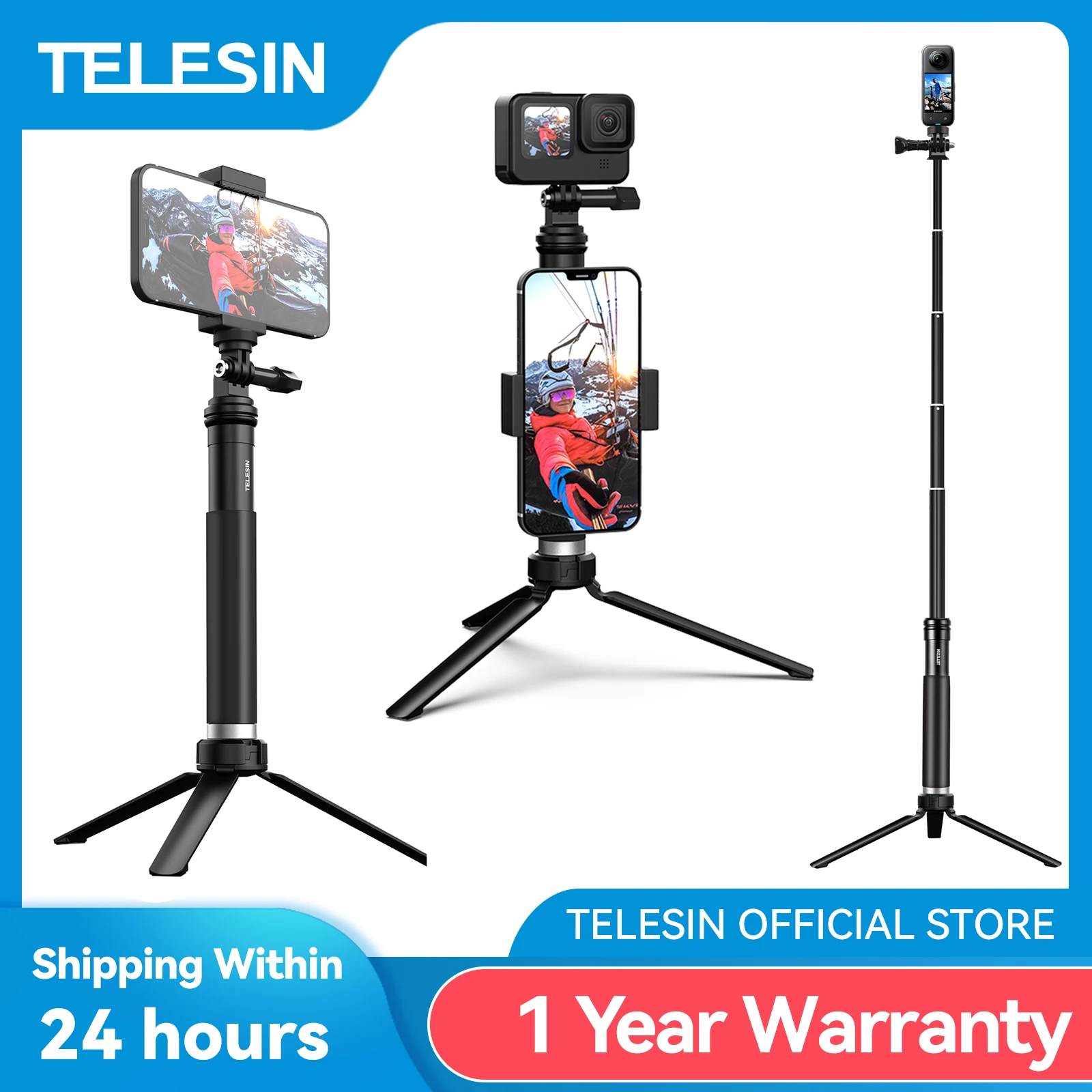 TELESIN-Palo de Selfie de aleación de aluminio, monopié de mano extensible, palo telescópico, montura de trípode para GoPro XiaoYi DJI Osmo Action 2