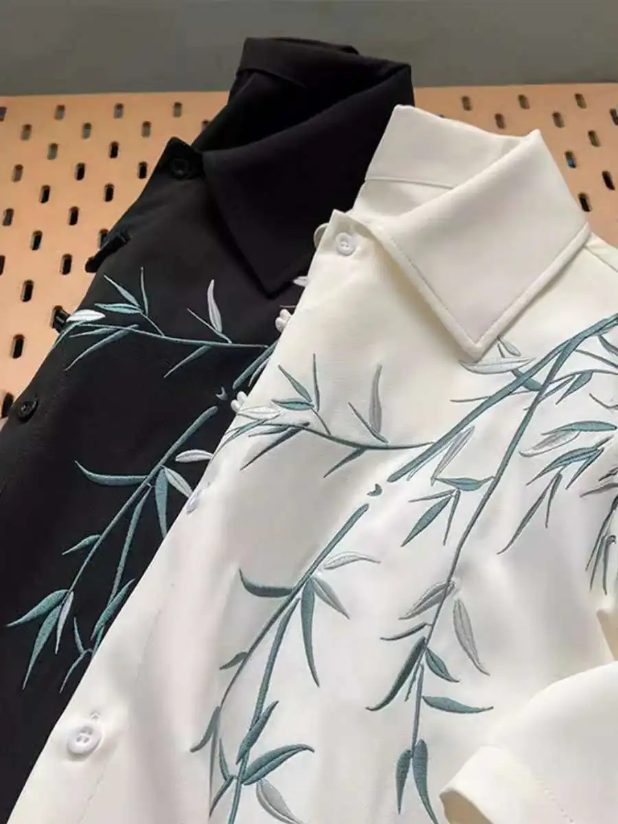 New Chinese Style Light National Trend Bamboo Embroidery Shirt Men's Summer Ancient Tang Costume Design Short Buttoned Cuffs