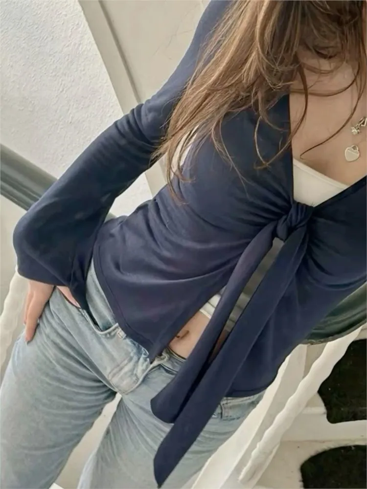 T-shirts Smock à Nœud Papillon et Bretelles pour Femme, Coupe Slim Simple, Manches Longues, Style Chic et Doux, T-shirts Babydoll