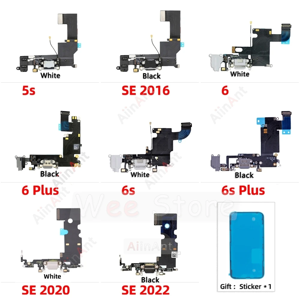 AiinAnt Buttom USB Mic Board Dock Charger Connector Quick Charging Port Flex Cable For iPhone 5s 6 6s Plus SE 1 2 3 With Sticker