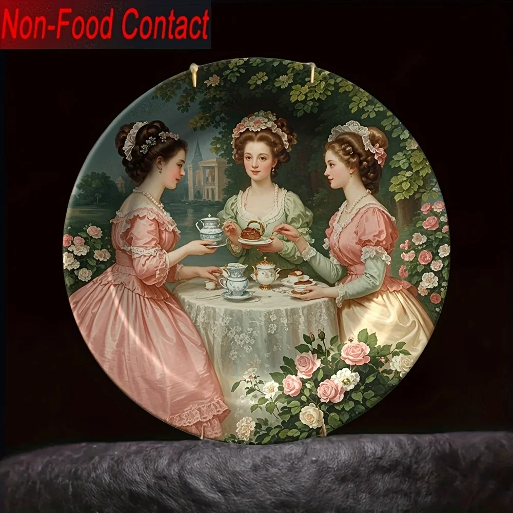 1pc Elegant Ceramic Decorative Plate - Vintage Floral Dining Scene with Ladies in Pink Dresses, Non-Food Contact Tabletop Decor