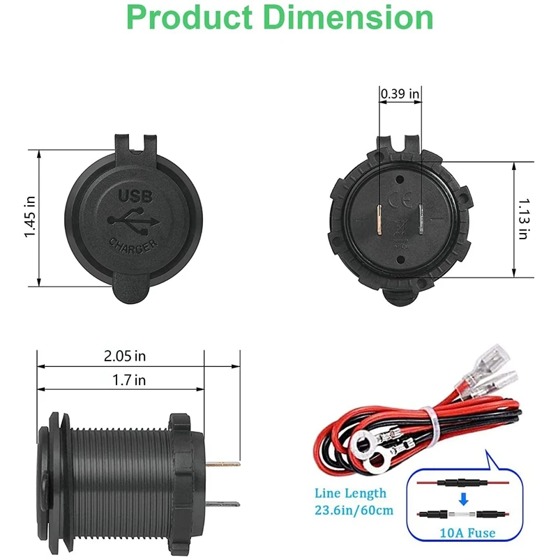 QC 3.0 Dual USB Charger Socket,Waterproof 12V/24V USB Outlet With Press Switch For Car, Marine,RV,Motorcycle 2Pack