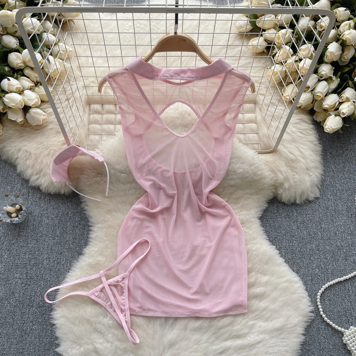 Women Nightwear Pajama V-Neck Transparent Gauze Dress Slim Hollow A-Line Dress Backless Nurse Cosplay Uniform Erotic Lingerie