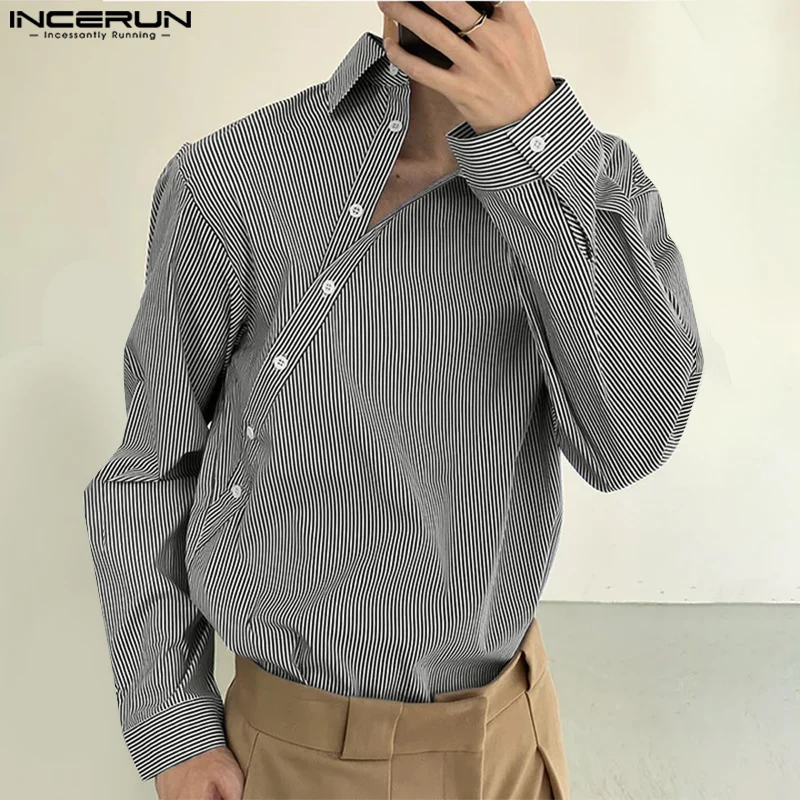 INCERUN Tops 2025 Korean Style Fashion Men's Simple Diagonal Placket Design Shirts Casual Streetwear Striped Long Sleeved Blouse