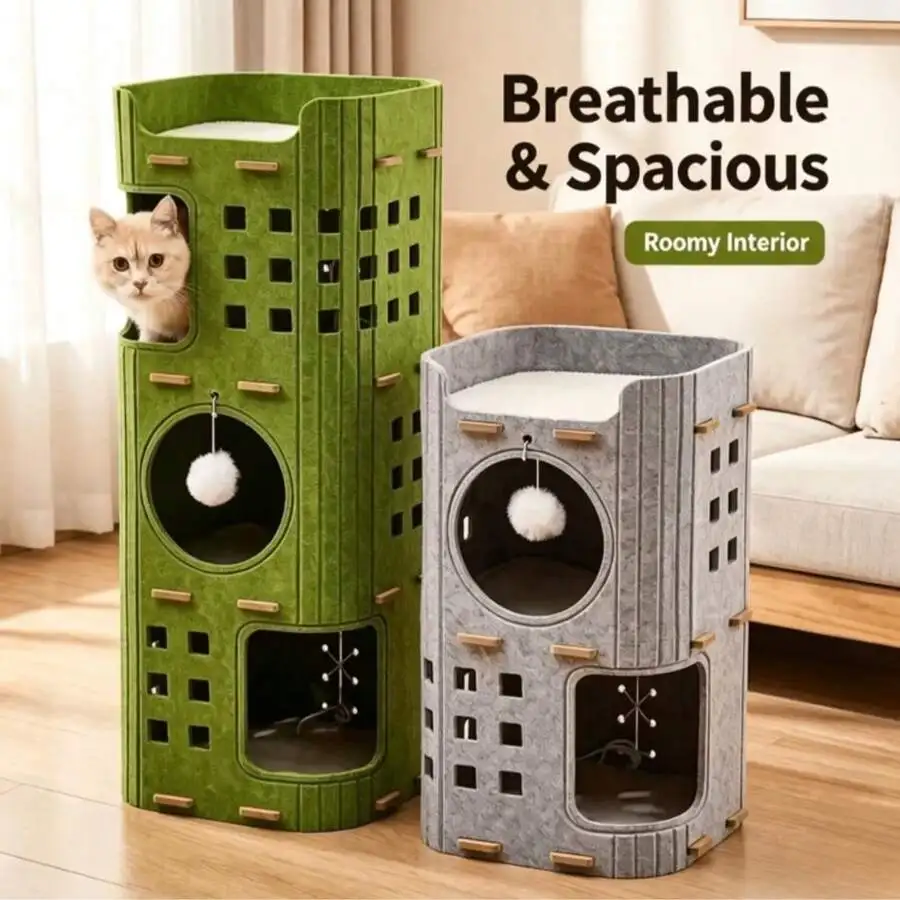 3-Layer Felt Hollow Cat House, Multi-Layer Ventilated Cat Apartment Tree, All-Season Indoor/Outdoor Cat Bed, Integrated Scratchi