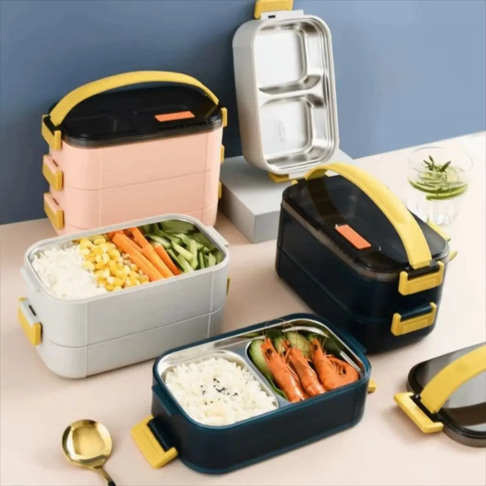 Stainless Steel Portable Insulated Lunch Box 2 Layer Compartment Food Storage Container Multifunctional with Handle