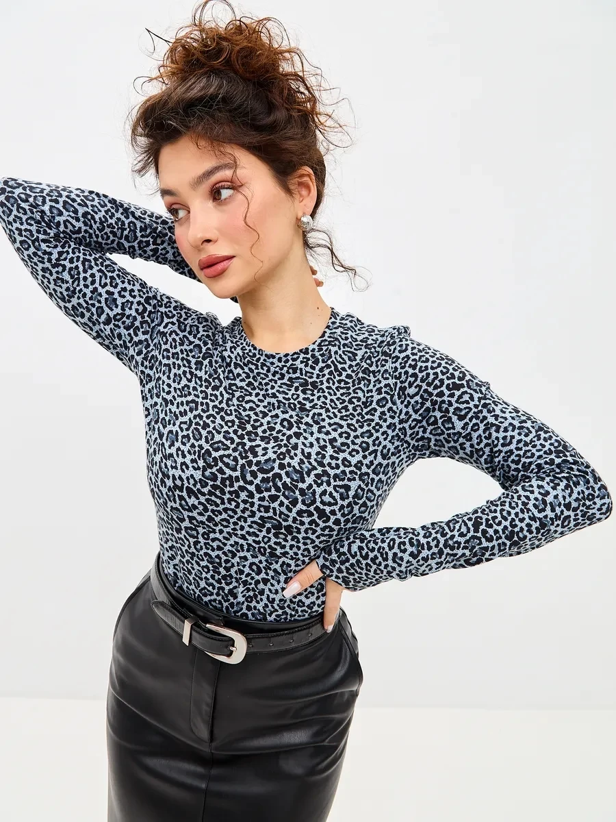 Women's Trendy Longsleeve tight leopard cotton shirt long sleeve Basic fashion fitted shirt top