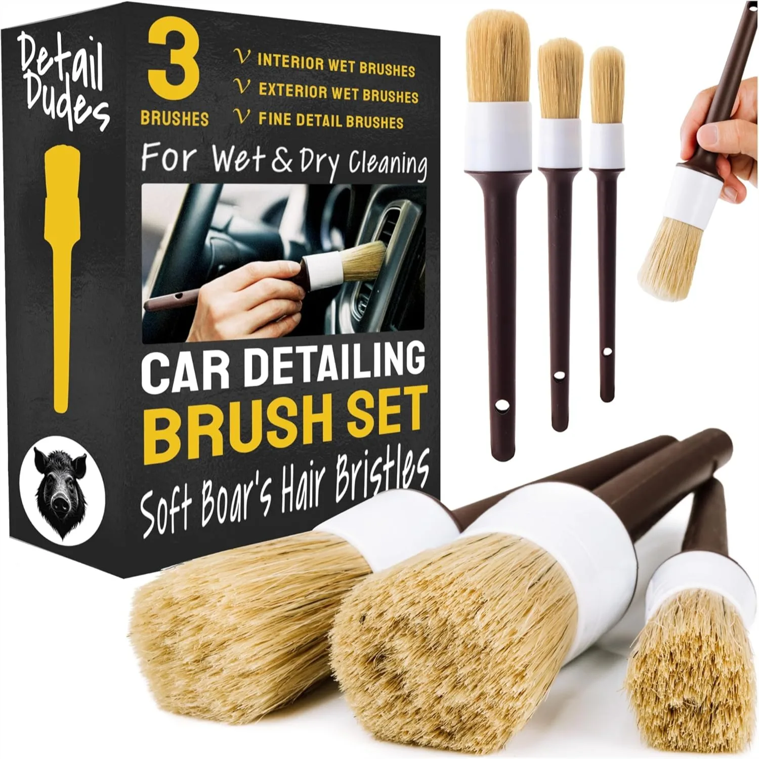 

Car Detailing Brush Set 3-Pc Scratch-Free Boar Hair for Interior Exterior Cleaning Kit for Leather Seats Dashboards Wheels