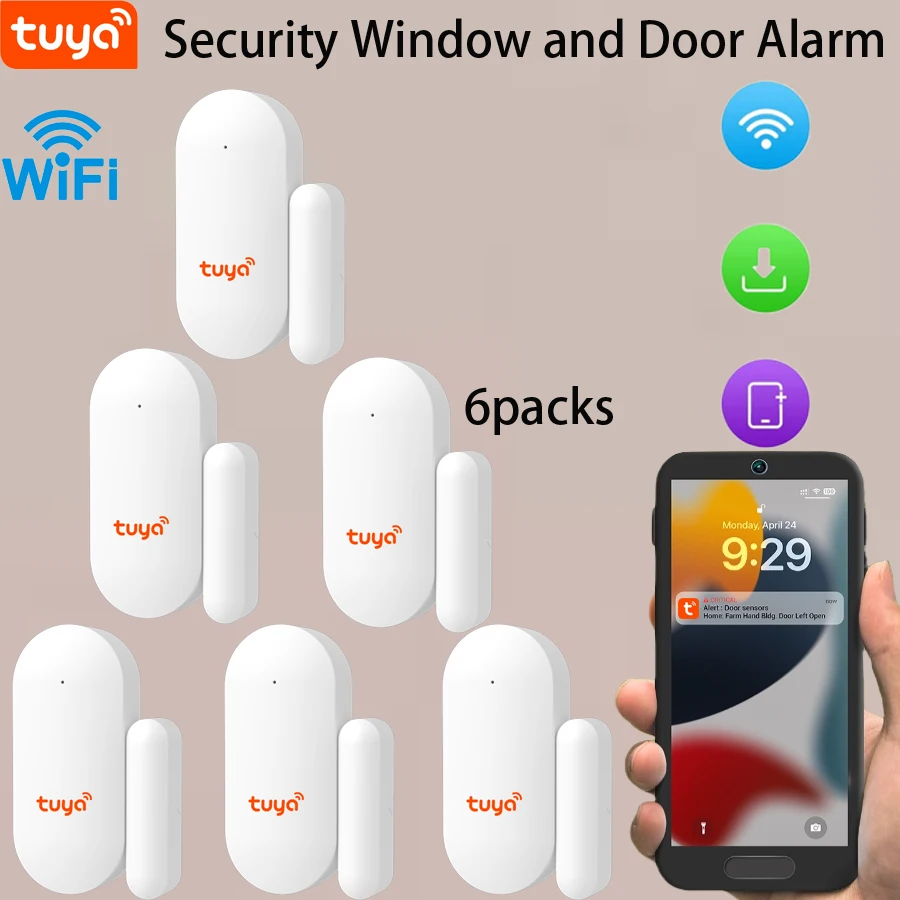 Sensor de puerta inteligente Tuya WiFi, detectores de puerta abierta y cerrada, sistema de alarma de protección de seguridad para el hogar, Control por aplicación Smart Life, 6 paquetes