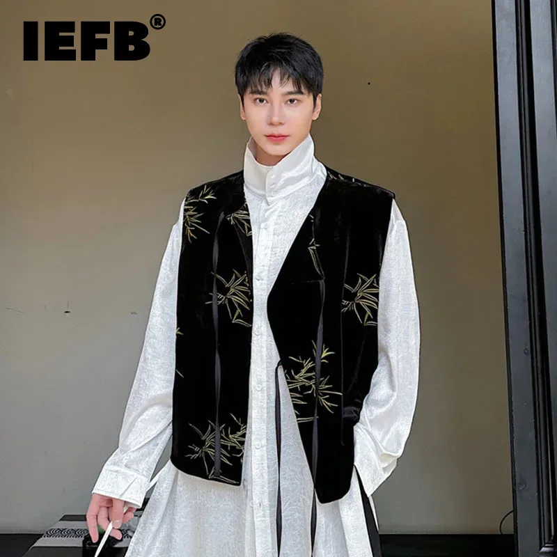 

IEFB Tank Top New Chinese Velvet Bamboo Leaf Embroidered Round Neck Lace-up Vest Casual Sleeveless Summer Male Top 9C5259